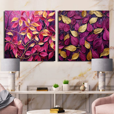Feuillage doré et rose à motif de feuilles - ensemble de 2 feuilles carrées