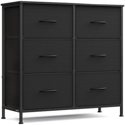 Commode pour chambre à coucher, commode, meuble télé, acier, panneau de fibres à densité moyenne, 6 tiroirs en tissu non tissé, unité de rangement, placard, vestibule, noir encre et noir ébène