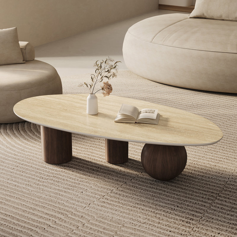 Laylla Modern 54" Coffee Table, White Sintered Stone Table-top, 3 Stainless Steel legs, Free form, Beige/Brown