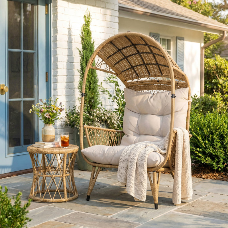Brivana Boho Coastal Outdoor Hand-Crafted PE Rattan Egg Chair with Hooded Canopy and Water-Repellent Cushions