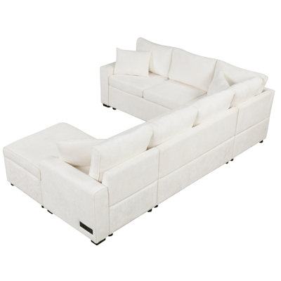 112.2" Sectional Sofa Pullout Sofa Bed Sleeper With A Storage Ottoman,Three Pillows And Charging Devices For Living Room, Cream