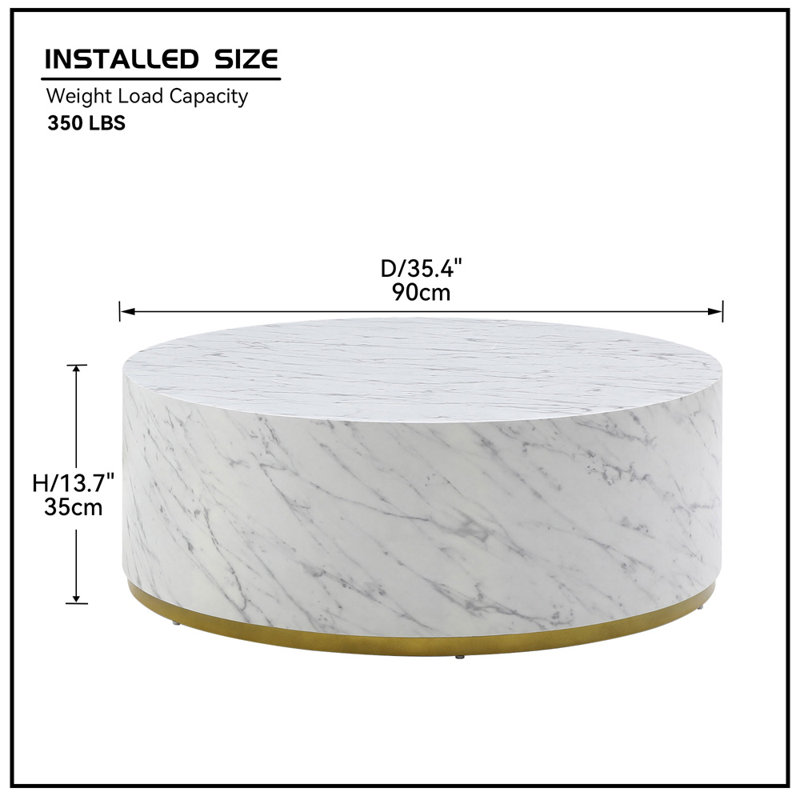 Table basse, table basse, table de salon avec base en métal Dawsen, H 13,78 po x L 35,43 po x l 35,43 po, Blanc