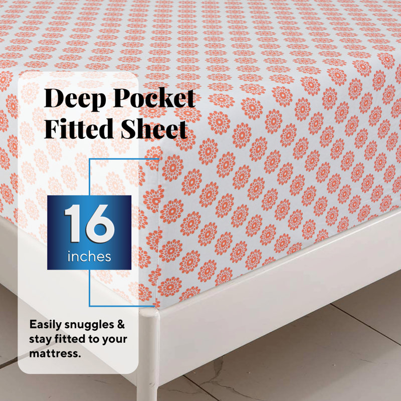 100% Cotton Twin Size Bed Sheets Set with Deep Pockets, Cozy Percale sheets with Elastic Fitted Sheet 3 Piece Bedding and Pillowcase set, Mandalas Coral