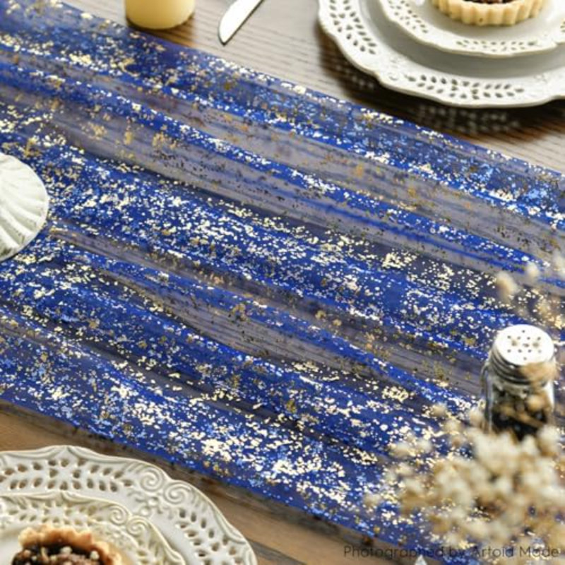 3PCS Blue Gold Gauze Table Runner 120 Inch 10FT, Glitter Metallic Foil Sheer Dining Wedding Anniversary Holiday Table Decor for Home Party