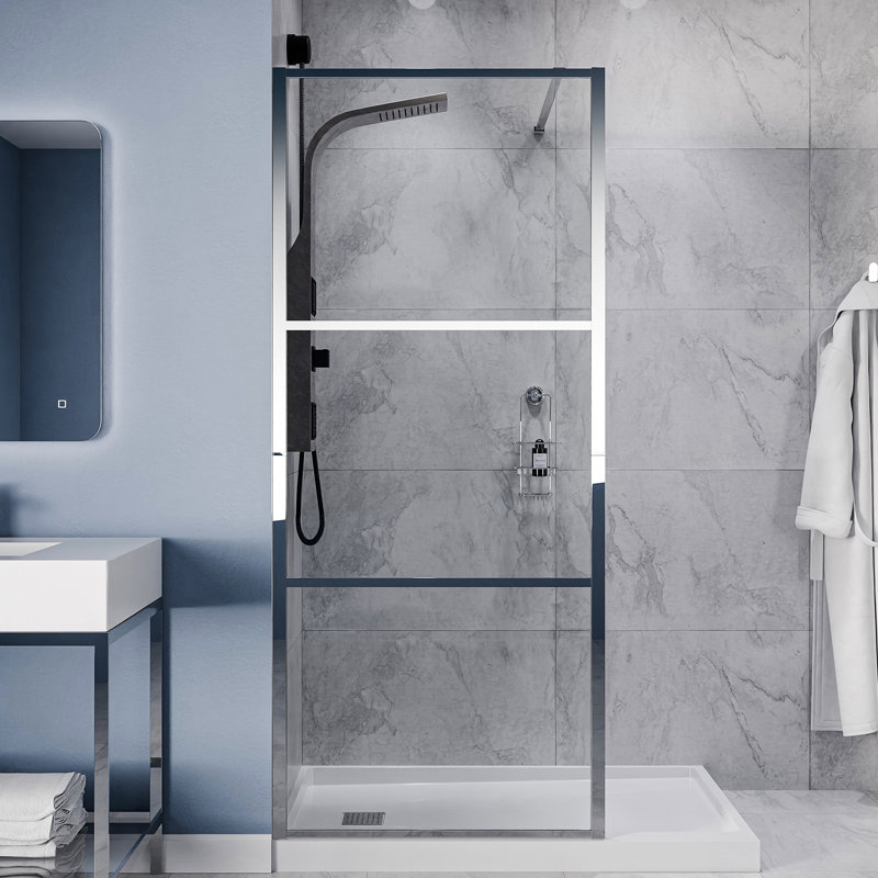 Anzzi Series 34 In. X 78 In. Fixed Frameless Shower Door With Tsunami Guard Tempered Clear Glass, Polished Chrome