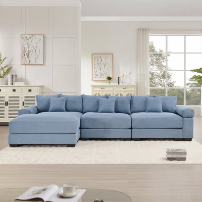 Canapé en forme de L dans les salles familiales spacieuses Canapé modulaire surdimensionné de 130 po en tissu velours côtelé doux, avec repose-pieds, siège profond, accoudoirs larges, conception ergonomique, 9 coussins, pour un assemblage facile.
