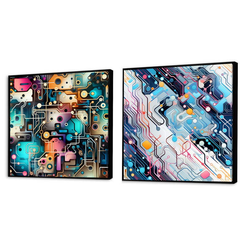 Techno Matrix Futuristic Dreams Edm Pattern - Abstract Collages Square Collage Set Of 2, 16" H x 33" W, Black Floater Framed