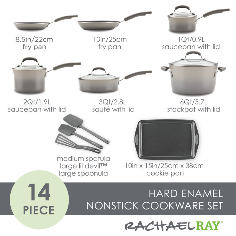 Gray 14-Piece Nonstick Aluminum Cookware Set with Enamel Finish
