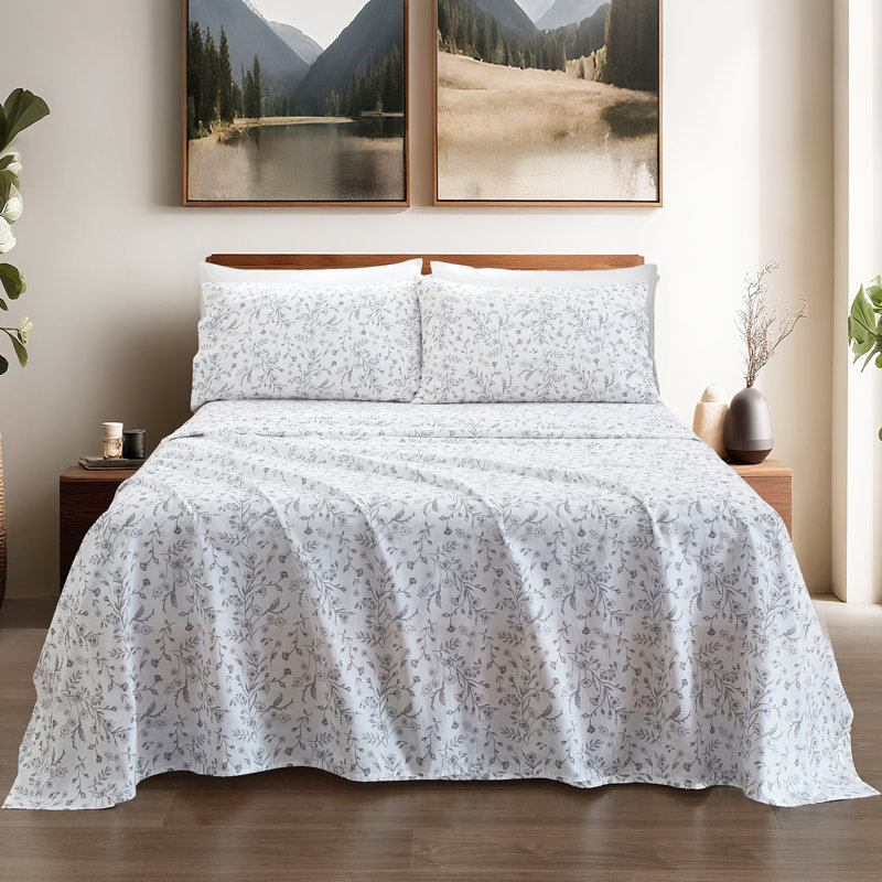 Draps 100% coton, Ensemble de draps pour grand lit avec 2 taies d'or, Floral gris clair