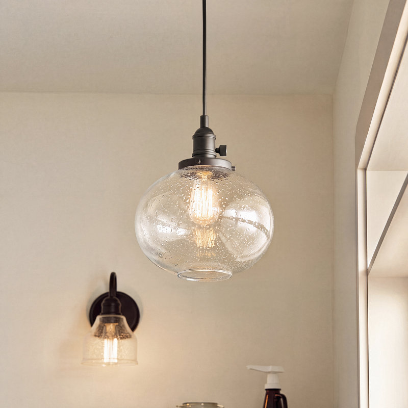 Antioch 1-Light Olde Bronze Pendant with Clear Seeded Glass Shade, Olde Bronze