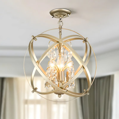 Gold Flush Mount Globe 4 Lights Crystal Chandelier, Industrial Sphere Cage Ceiling Lighting Raindrop Metal Shade, Adjustable Hanging Pendant Light For Dining Room