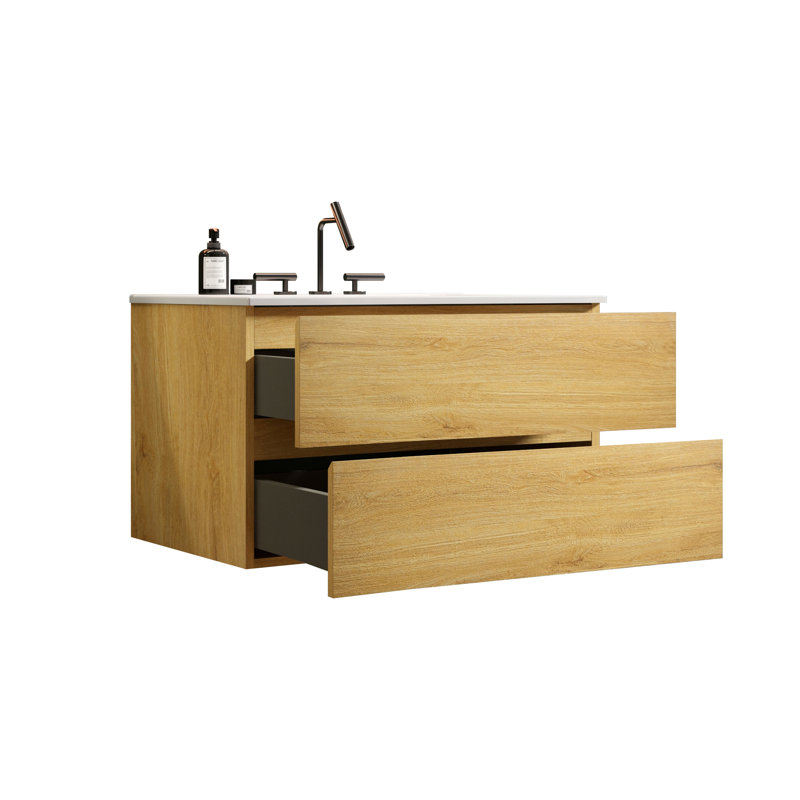 Meuble-lavabo moderne en bois de chêne naturel - lavabo en céramique, tiroirs à finition silencieuse
