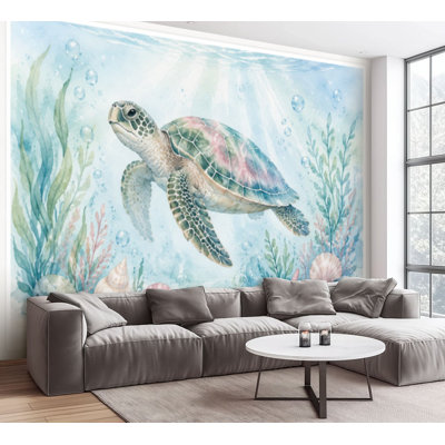Wall Mural Peel and Stick Wallpaper Set sea animals Blue watercolor ocean fish coral Shell Self-Adhesive Removable Contact Paper Wall Decor for Living Room Bedroom 100"H x 144"W