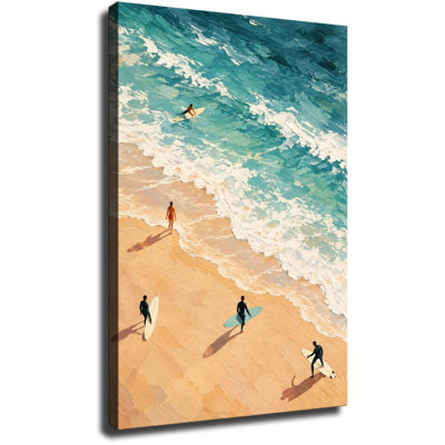 Tableau mural sur toile représentant des surfeurs aériens sur une plage turquoise et un océan côtier