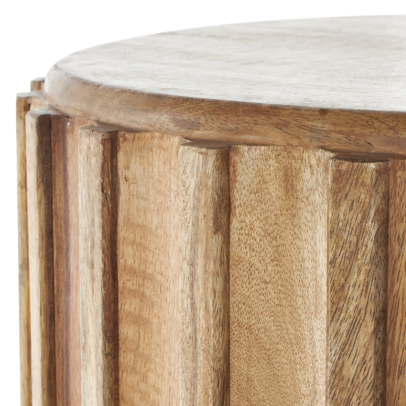 Claree Mango Wood Handmade Concaved Curve Drum Side End Brown Accent Table with Ridges, 18.25" H x 19.3" W x 19.3" D