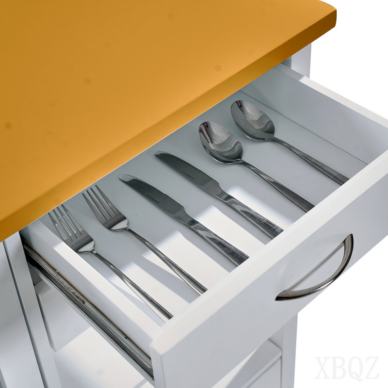 Îlot de cuisine avec plateau en bois de noyer, armoire de rangement sur roulettes avec tiroirs, buffet avec barre à serviettes, blanc