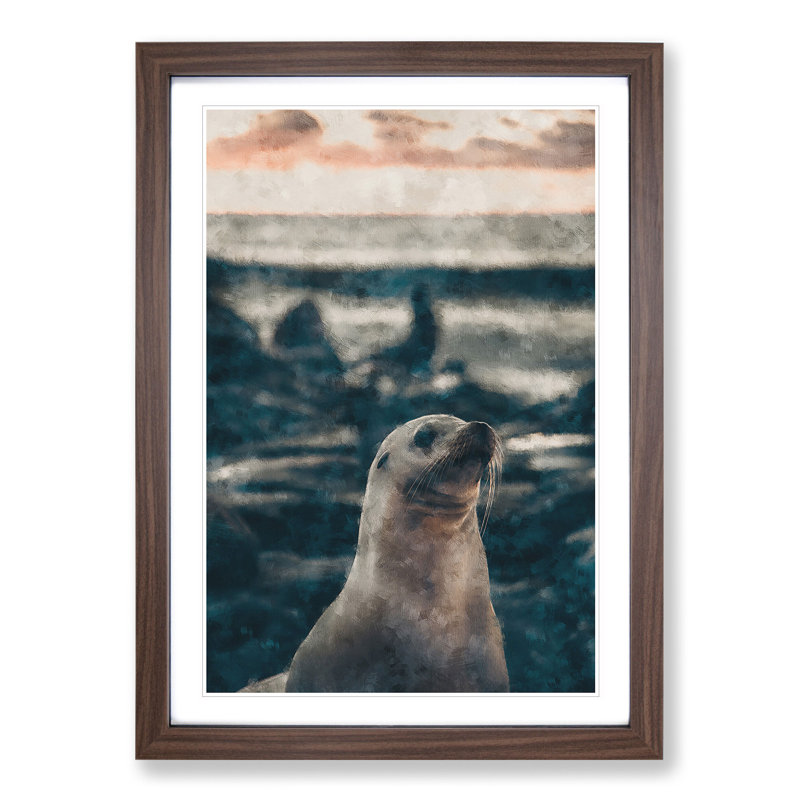 Portrait of a Seal - Picture Frame Painting, Walnut Framed, 65cm H x 48cm W x 2cm D
