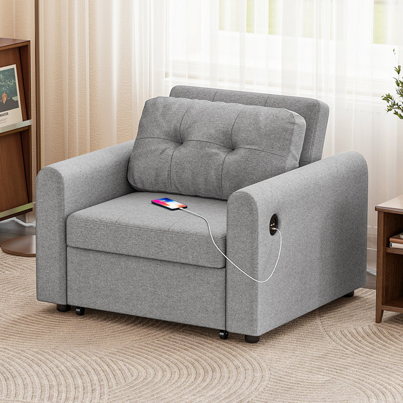 3 In 1 Accent Chairs Bed, Convertible Sleeper Chair Bed With Usb & Type-c Ports, Side Pocket, Pull Out Accent Chairs Bed Linen Armchair With Adjustable Backrest For Living Room/apartment/small Space