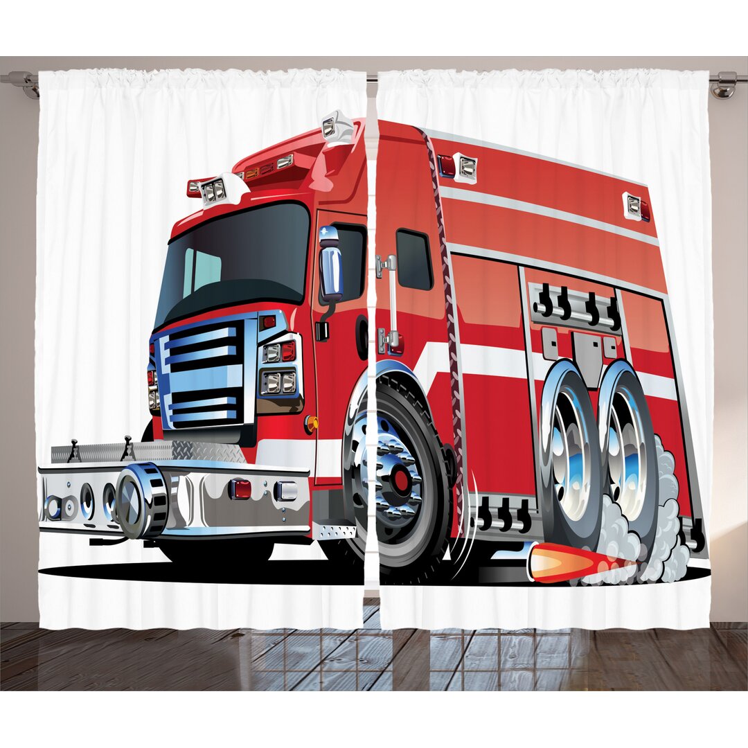 Rustikaler Vorhang, Fire Truck Rescue Team, Karikatur, Grau Rot