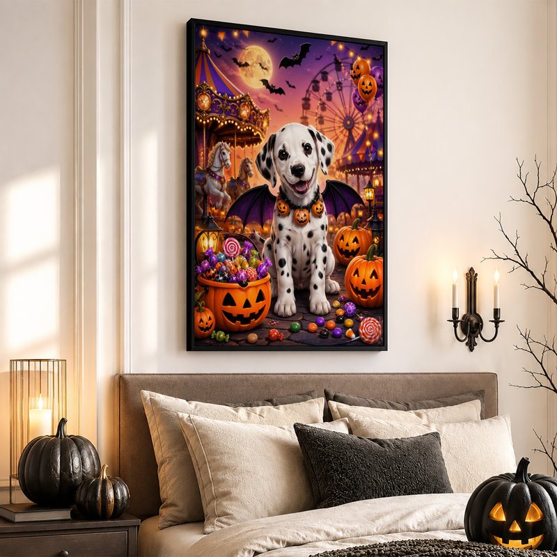 Impression sur toile, Dalmatien, chiot avec des ailes de chauve-souris au carnaval, 24"H x 16"W