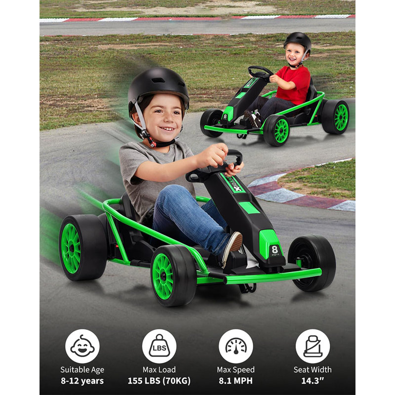 Kart électrique 24 V pour enfants, voiture de course à la dérive de 8 MPH, pour les enfants de 8 ans et plus, Vert