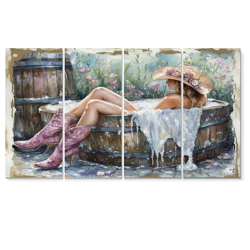 Cow-Girl prenant un bain dans un baril de ferme V - ensemble de salon d'art mural, H 32 po x l 64 po