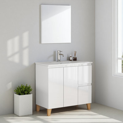 Ensemble de meuble-lavabo moderne 36 po avec lavabo combiné, 2 portes et 2 grands tiroirs, système de fermeture en douceur, conception sans poignée, pieds en bois massif naturel, lavabo en céramique, lavabo en céramique, assemblage facile
