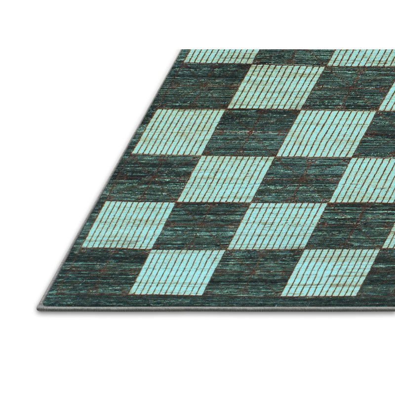Tapis en laine / polyester à carreaux tissé à la machine en bleu / vert, Rectangle 3 pi x 5 pi
