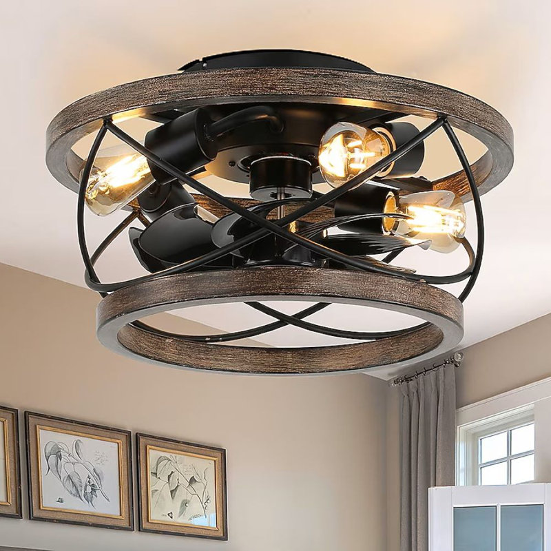 Ludene 18" 4-Light Rustic Farmhouse Flush Mount Ceiling Fan with Lights, Enclosed Cage Low Profile Ceiling Fan for Bedroom, Living Room, Hallway