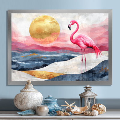 Gold Pink Flamingo On Bold Beach Landscape II - Flamingo Canvas Wall Art