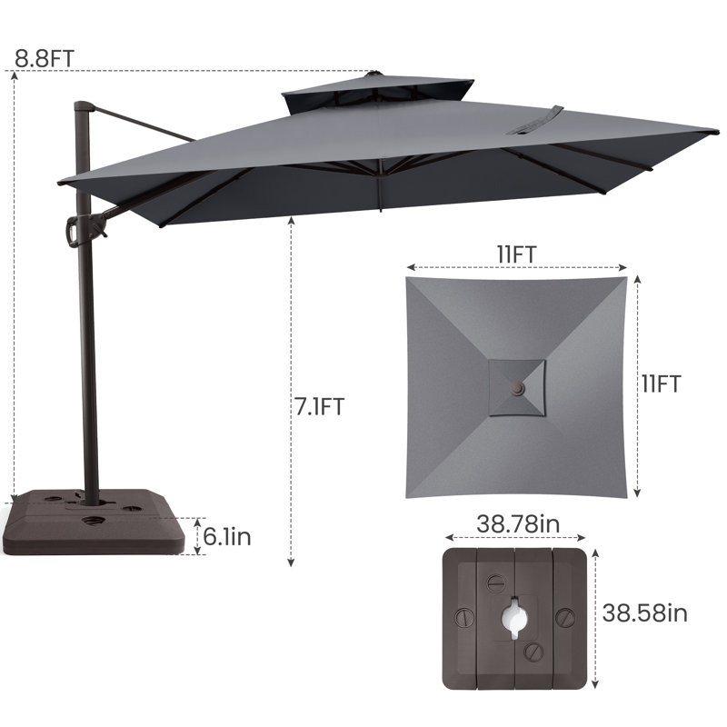 11' Square Patio Cantilever Umbrella, Base Included, Dark Grey
