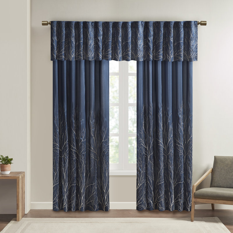 Navy Faux Silk Embroidered Sill Length Window Valance