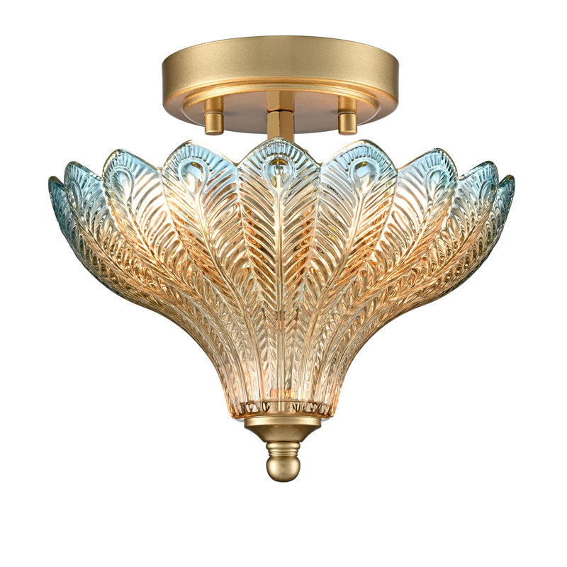 Plafonnier semi-encastré de luxe doré à 2 lumières avec abat-jour en verre bleu et ambré effet plumes