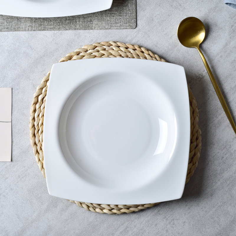 9,5 po assiettes à soupe carrées | Ensemble de 6, porcelaine blanche, assiette creuse pour soupes et pâtes