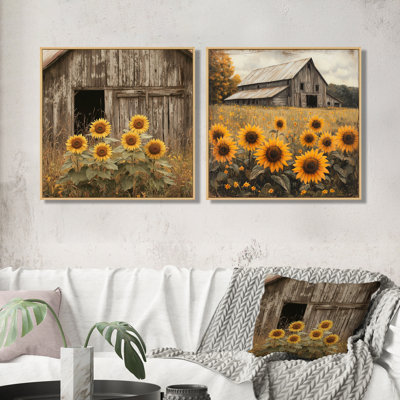Tournesols par la vieille grange en bois I - décoration murale tournesols - art mural traditionnel 2 pièces