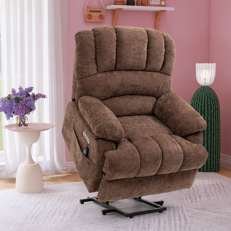 Brisen 40" W Oversize Chenille Power Lift Up Heated Massage Recliner, Remote, USB Type-C Port, Brown Chenille