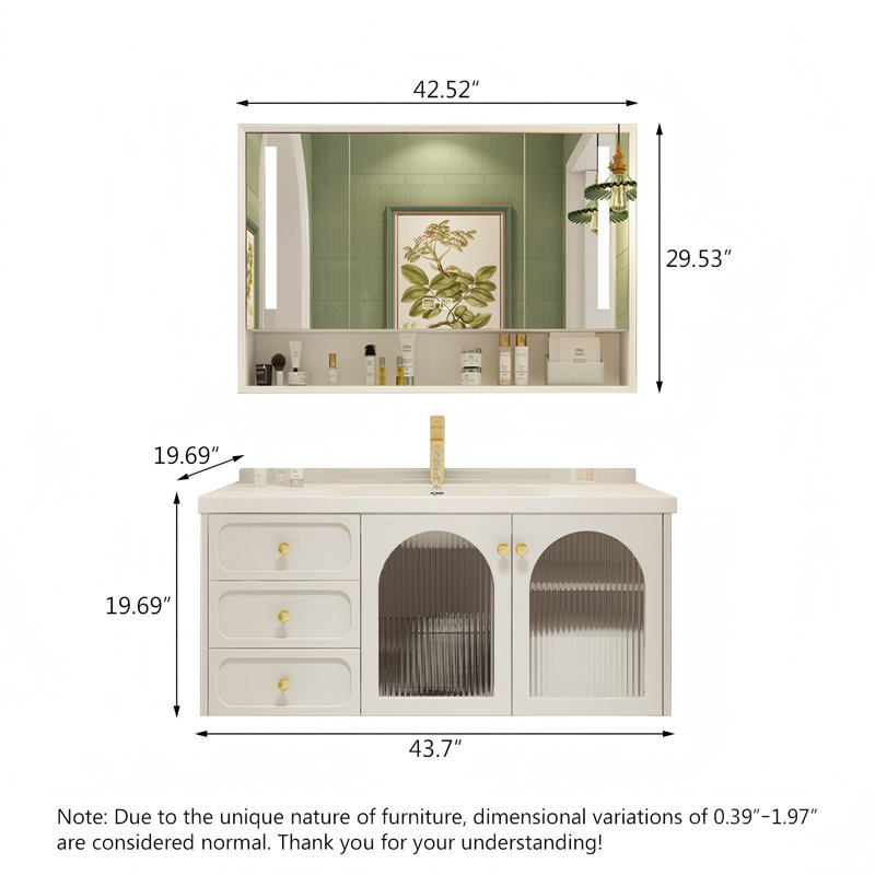 Meuble-lavabo mural moderne en bois d'hévéa couleur crème avec lavabo en céramique intégré et armoire à miroir intelligent