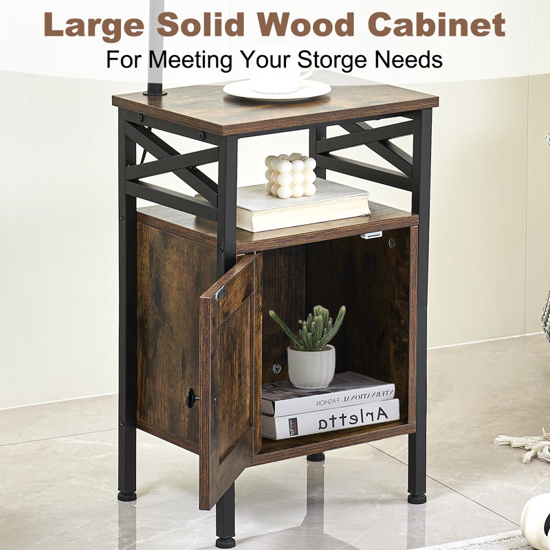 Garlond Brown Wood End Table Floor Lamp Set With Cabinet & Charging Board