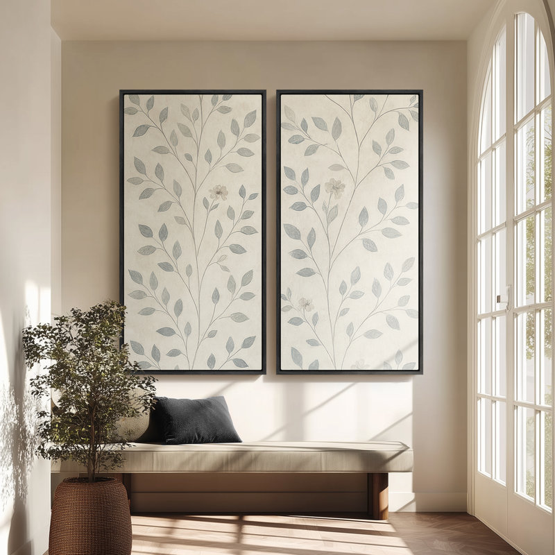 Motif botanique minimaliste à feuilles bleues pour le bureau - ensemble de 2 reproductions d'art encadrées sur toile 60 po x 60 po x 2 pièces