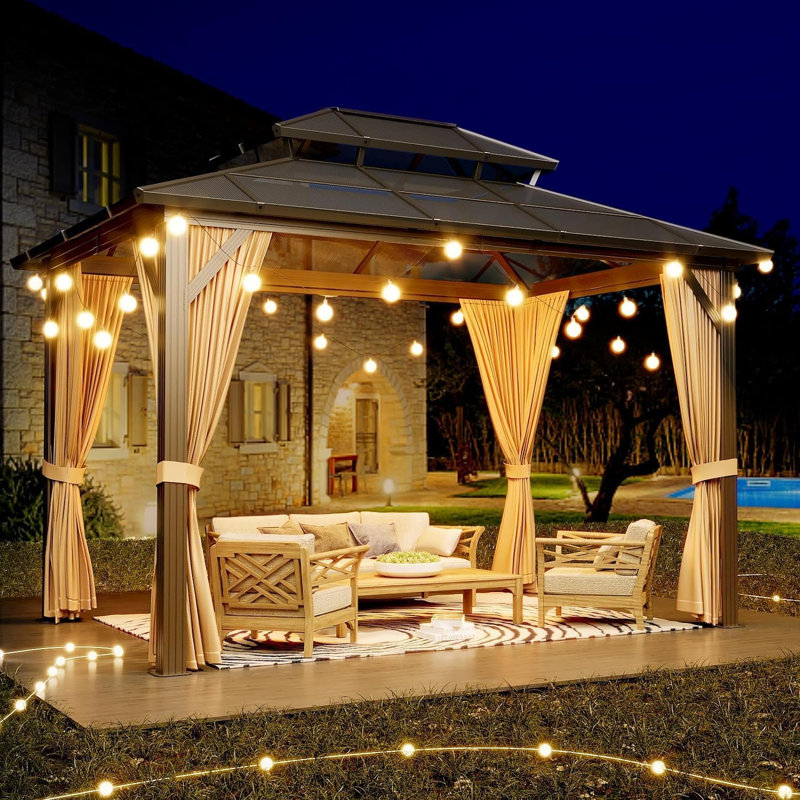 Pavillon de jardin à toit rigide résistant aux intempéries, structure en aluminium robuste avec double toit en polycarbonate et colonnes en fer galvanisé