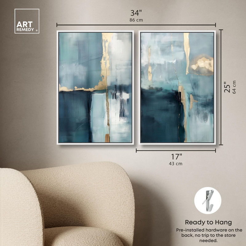 «Gilded Blue Luxe Blue Art», ensemble de 2 impressions sur toile par , H 25 po x l 17 po, Blanc