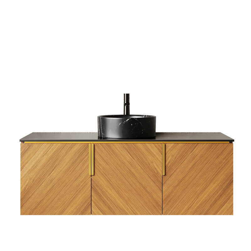 Meuble-lavabo de salle de bain avec lavabo rond en céramique, armoire de rangement murale en contreplaqué avec portes