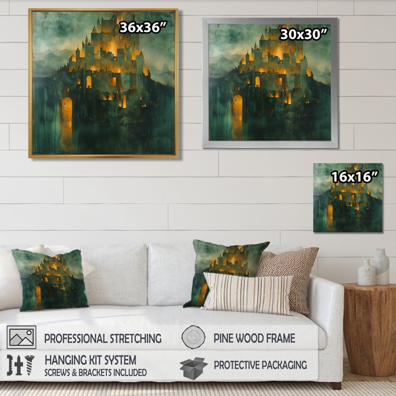 Art mural vert vert et jaune de la Forteresse majestueuse I, Toile avec cadre flottant brun, H 16 po x l 16 po x P 1 po