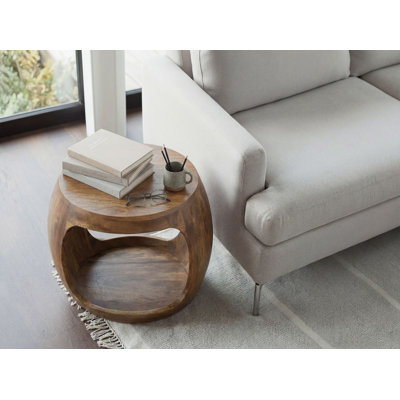 Mango Solid Wood Round Side Table with Storage Shelf