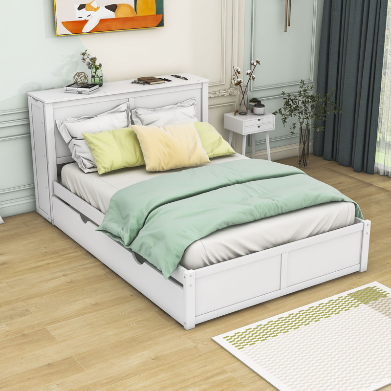 Ezai Wood Platform Bed with Trundle and Pull Out Shelves, Full/Double
