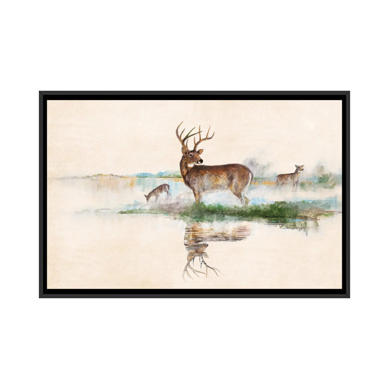 «Misty Deer» par Ruane Manning - reproduction d'art, H 32 po x l 48 po x P 1,5 po, Aucun mat, Toile avec cadre noir