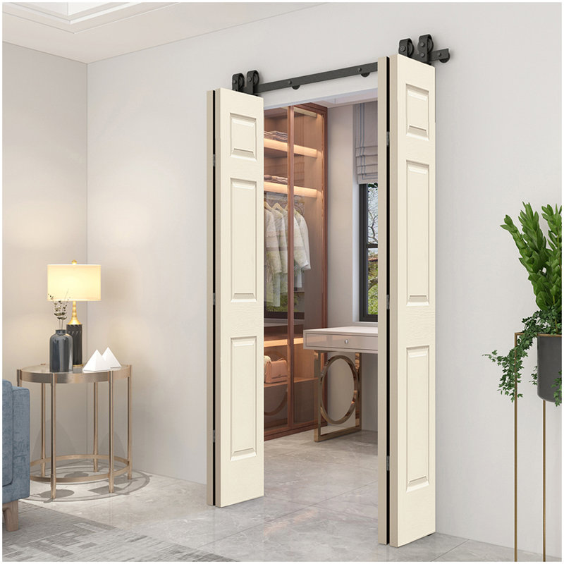60-in x 84-in Beige MDF Double Bifold Barn Door with Black Hardware