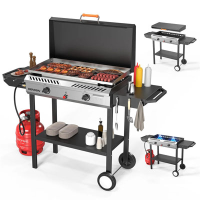 Combo 2-en-1 au propane et plaque chauffante au gaz 150 000 BTU avec tablettes latérales et roue