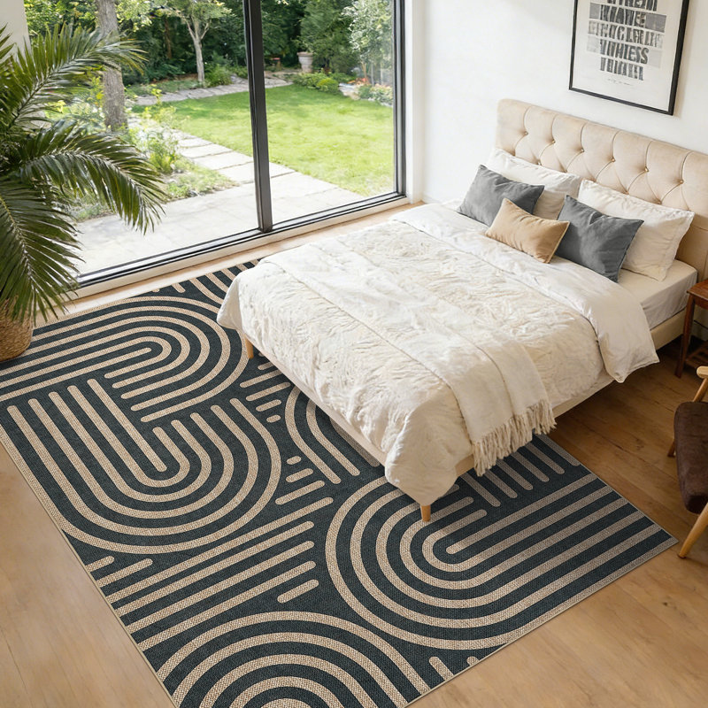 Tapis intérieur / extérieur à motif géométrique abstrait aspect jute, Noir, 8*10ft