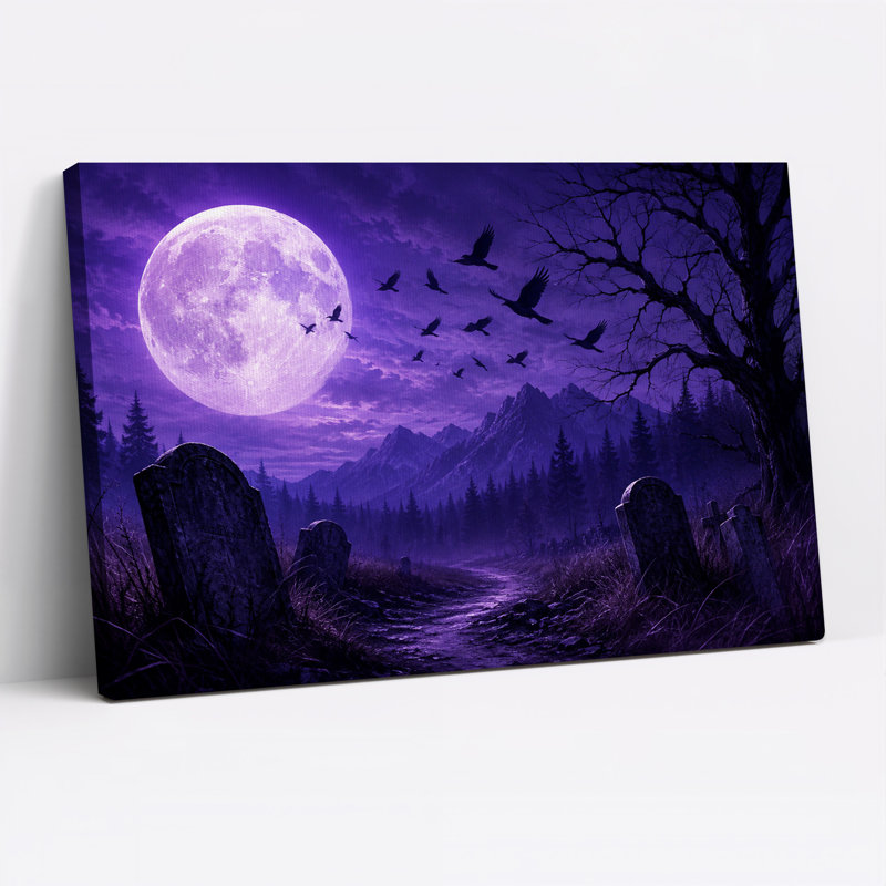 Lune violette et corbeaux volants au-dessus d'un chemin de cimetière - Toile murale d'Halloween, 28"H x 40"W